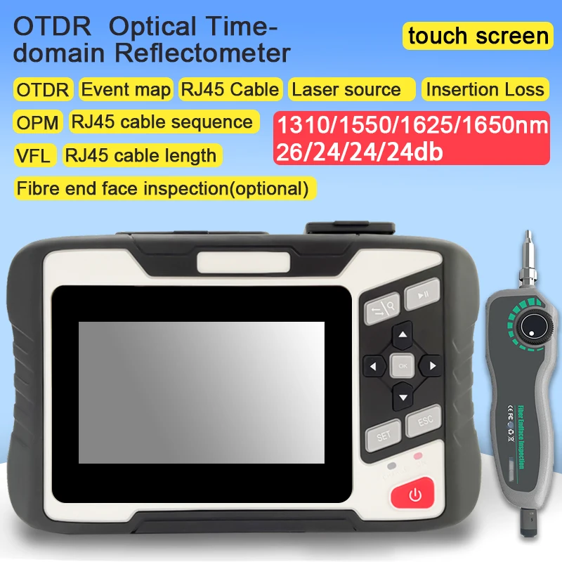 

Mini OTDR 1310/1550/1610nm Active Fiber Live FTTH Fiber Optic Test Optical Reflectometer 26/24db TouchScreen VFL OPM RJ45 Tester