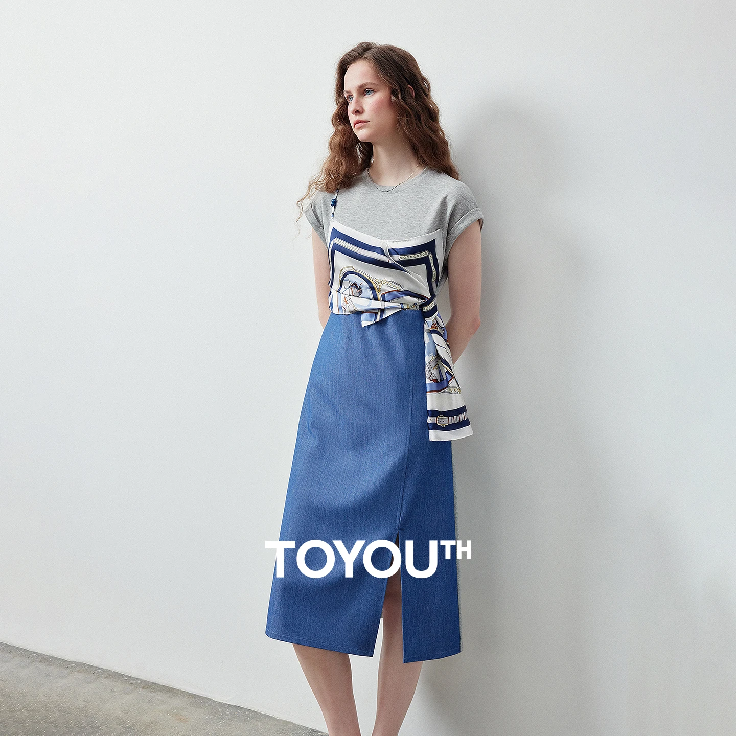 

TOYOUTH Women Dress 2026 Summer New Fake Two Piece Splicing Design Scarf Print Denim Vacation T Shirt Dress Casual Dresses