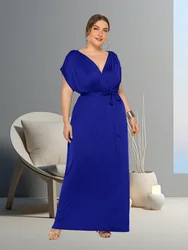 Plus Size Women Maxi Dress Elegant Short Sleeve V-neck Frock Loose Fit Summer Chic Casual Solid Color Ladies Long Skirt 2024