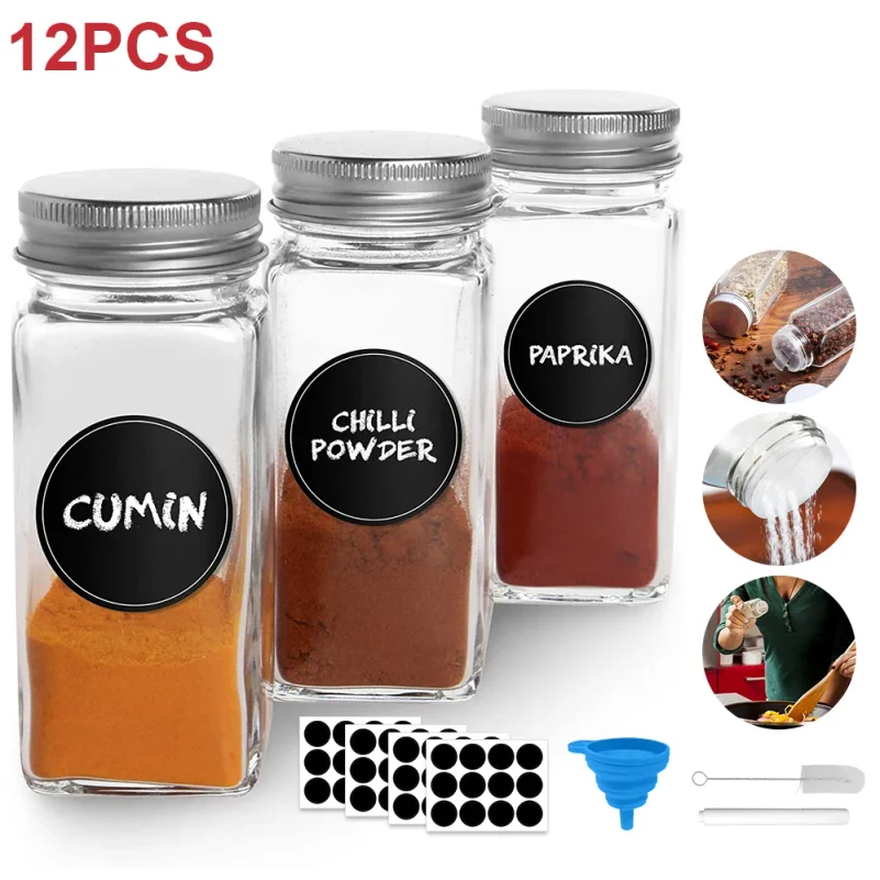 

12Pcs Glass Spice Jars with Bamboo Lids Clear Seasoning Bottles Food Storage Containers Kitchen Storing Spices Seasoning Powders