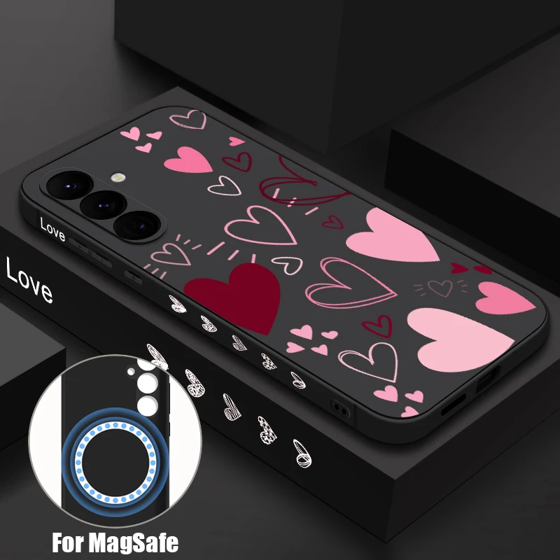 Soft TPU Magnetic Phone Case For Samsung Galaxy S26 S25 S24 S23 Ultra Plus S25 S24 S23 FE S22 Red Love Heart Print Lanyard Cover
