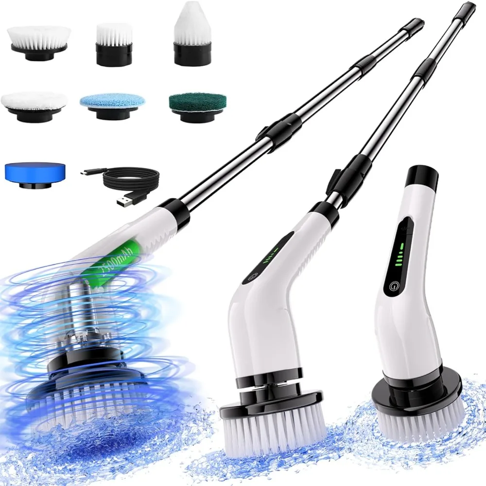 

Electric rotating cleaning brush with 7 replaceable brush heads, powerful cleaning, adjustable and detachable handle.