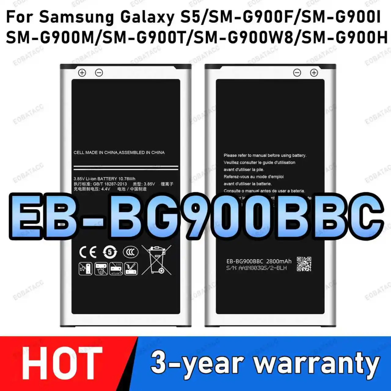 100% New High Capacity EB-BG900BBE EB-BG900BBU Battery 2800mAh For Samsung Galaxy S5 S5 900 G900F/S/ I G900H 9008V NO NFC