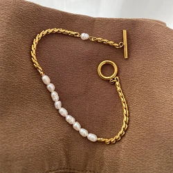 316L Stainless Steel New Fashion Fine Jewelry OT Shaped Buckle Asymmetric Irregular Shaped Pearl Charm Chain Bracelets For Women