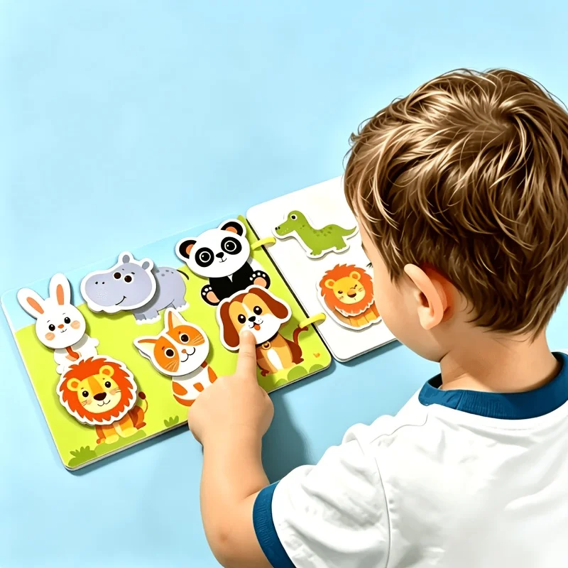 Montessori Quiet Book 1Set, Reusable Animal Sticker Activity Book for Toddlers, Sensory Matching Puzzle, Preschool Learning Gift