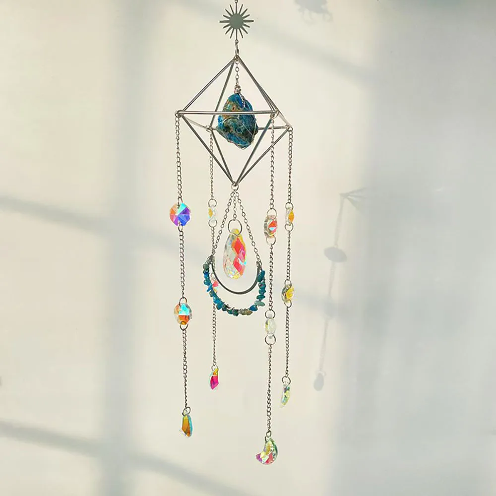 Custom Apatite Crystal Sun Catcher - Geometric Diamond Frame Raw Stone Chip Hanging Ornament for Window Decor