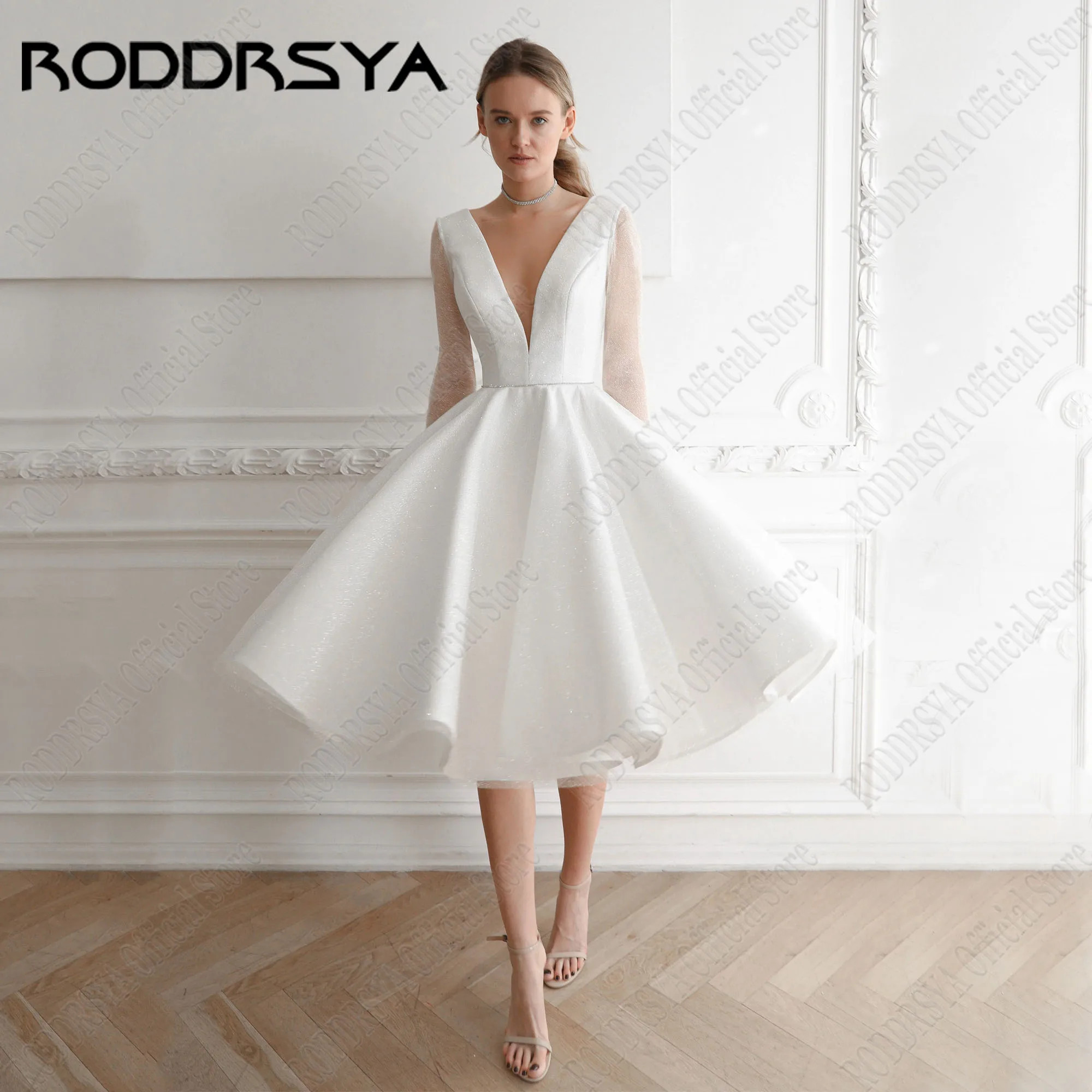 

RODDRSYA Sparkly V-Neck Bride Dresses Long Sleeves A-Line Wedding Party Gowns Backless Tulle Vestidos Novias Boda Knee-Length