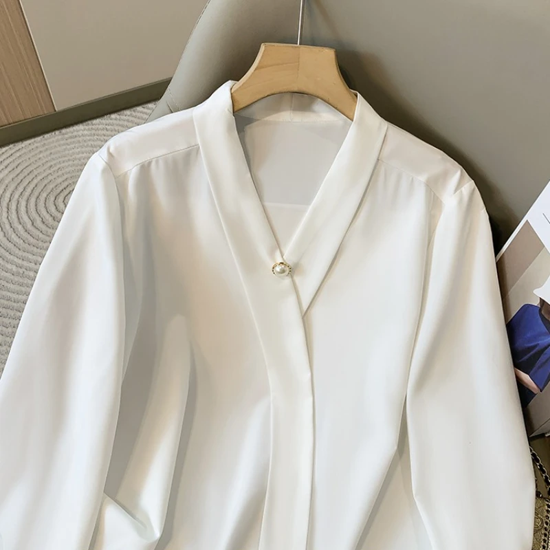 Plus Size Chiffon Shirt Women 2026 Spring V Neck Elegant Black or White Shirt Korean Style Large Size Versatile Blouses Female image 5