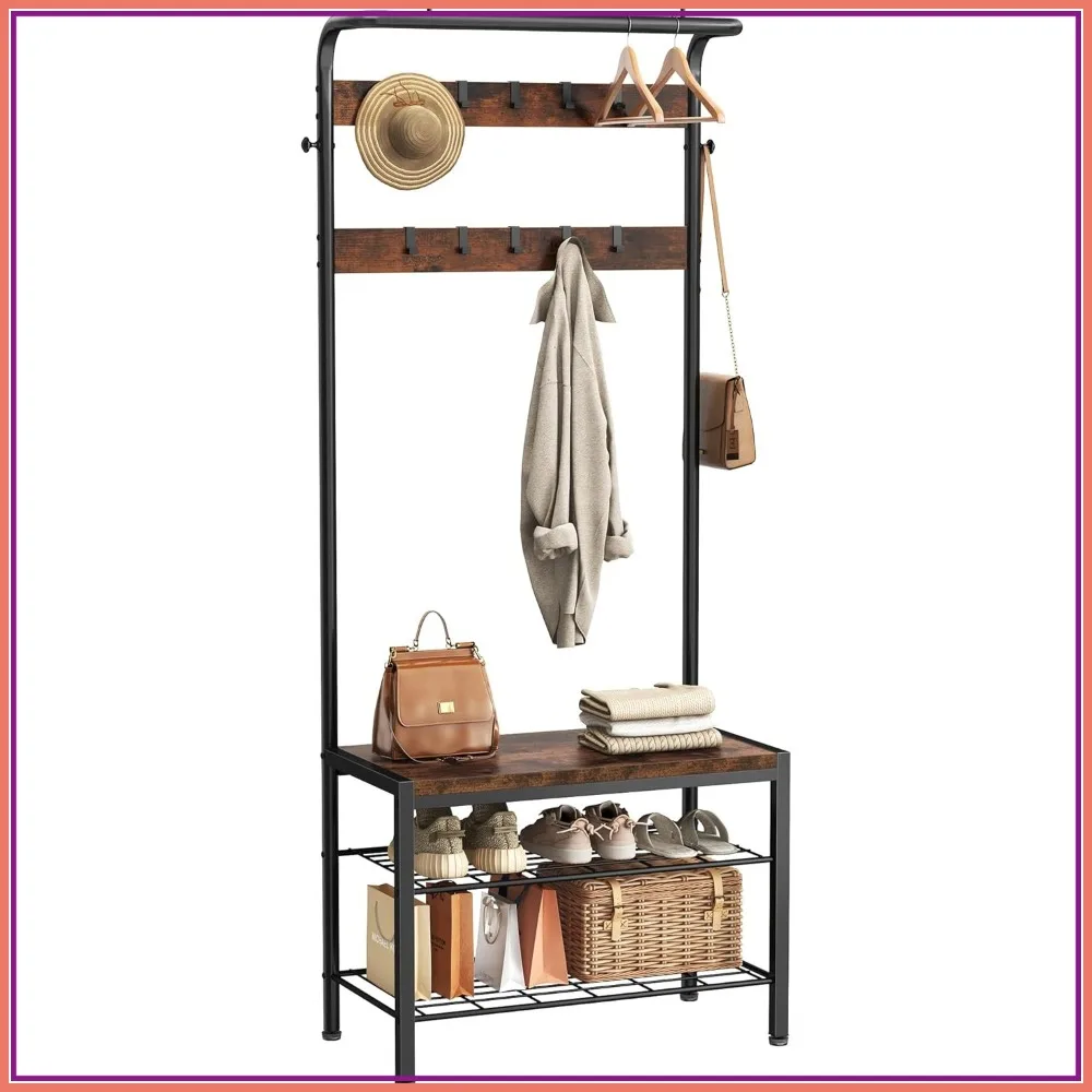 

Hall Tree with Shoe Bench and Coat Rack, Entryway Bench with Storage and Hooks, 4-in-1 Mudroom Organizer, Rustic Brown