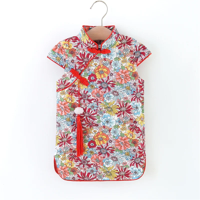 Summer short sleeved dress for girls with retro flower standing collar and button up children's slim fitting cheongsam