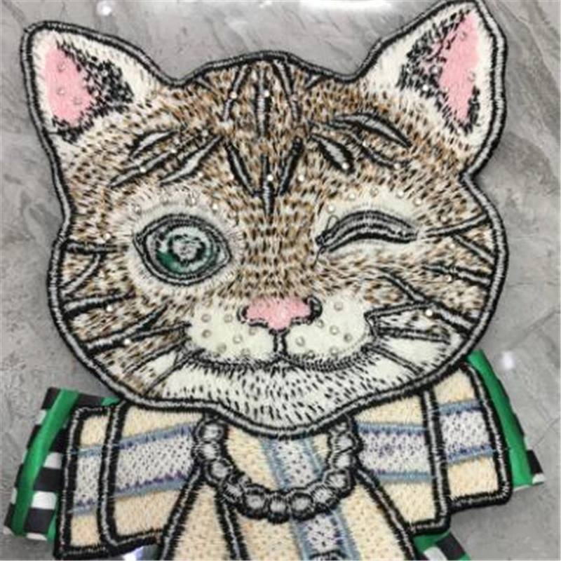 Cartoon Cat Beaded Diamond Green Bow Embroidered Patches For DIY Clothing T Shirt Sew On Accessories Applique