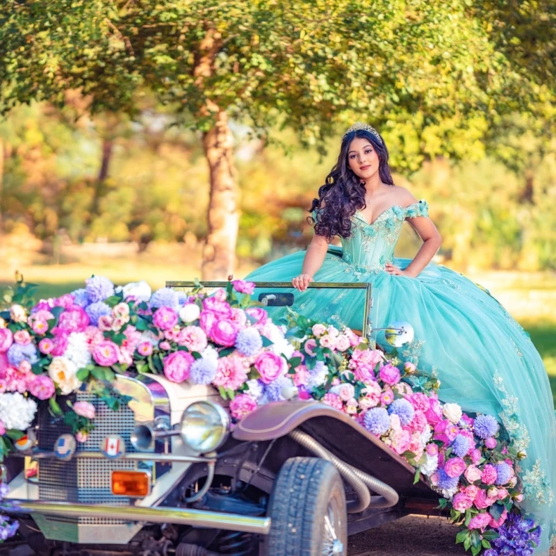 Vestidos de quinceañera de color claro personalizados con hombros descubiertos, apliques de lentejuelas, flor 3D, cola larga, lazo de tul, 15 quinceañera