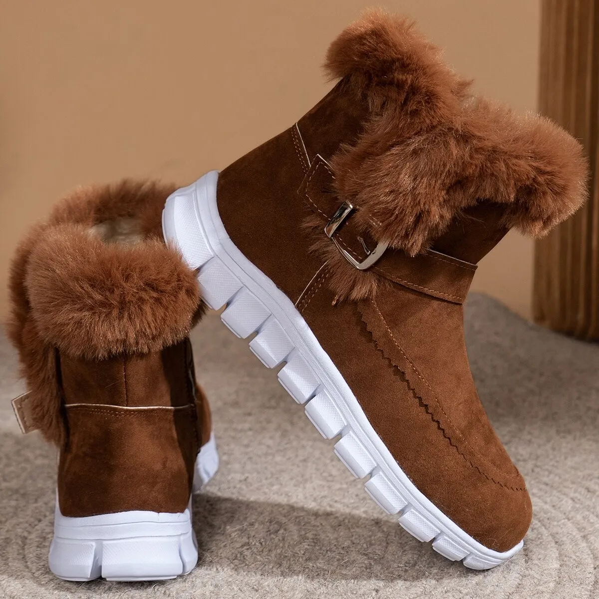 

2025Round Toe Plus Velvet Warm Side Zipper Casual Mid-calf Boots New Comfortable Fashionable Buckle Flat Snow Boots for Women