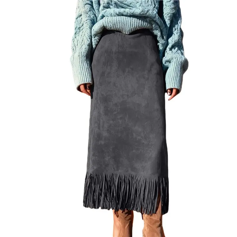 

Женские замшевые юбки ABRT: осенне-зимняя юбка-карандаш миди с бахромой