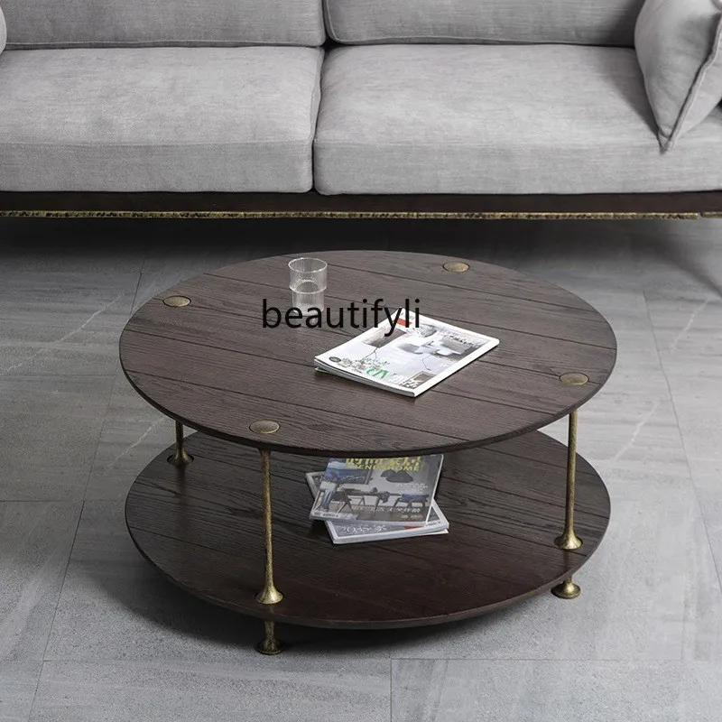 Light luxury simple oak designer cast iron double-layer retro wrought iron coffee table combination round