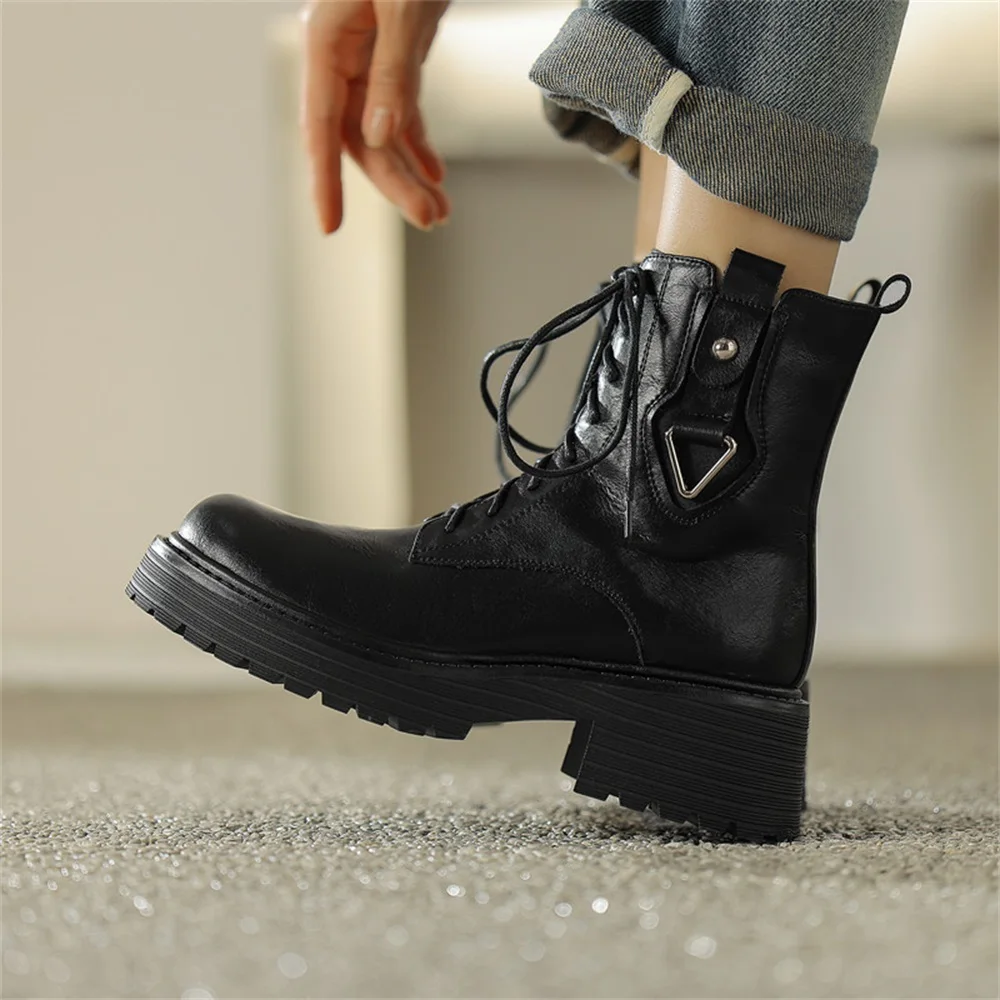 Taoffen Genuine Leather Women Chunky Motorcycle Boots 2023 Chic Low Heel Ankle Booties Buckle Lace Up Knight Boots With Zipper