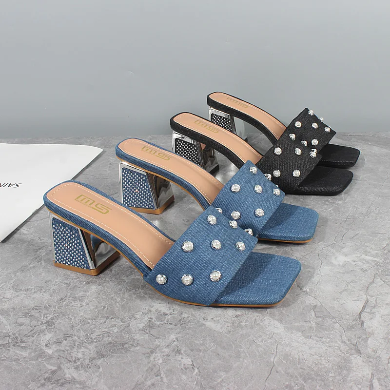 

Shoes for Women 2024 Summer New Denim Beaded Strap High Heels Simple Thick Heels Outside Modern Shoes Women's Slippers