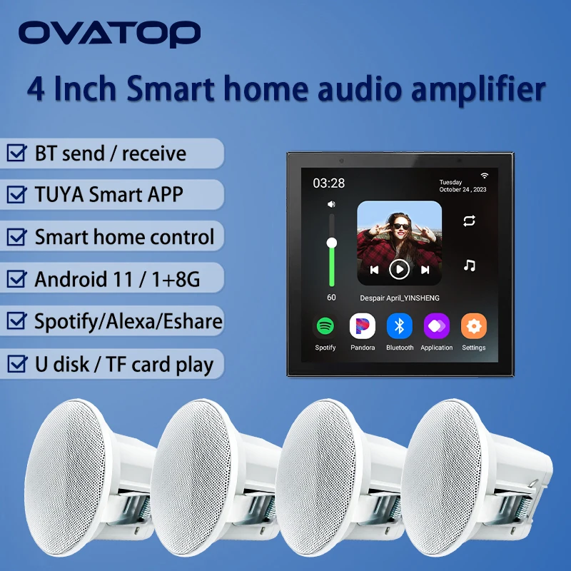 Smart home audio in wall amplifier bluetooth sound amplificador TUYA music control panel Android 11 ystem with ceiling speaker