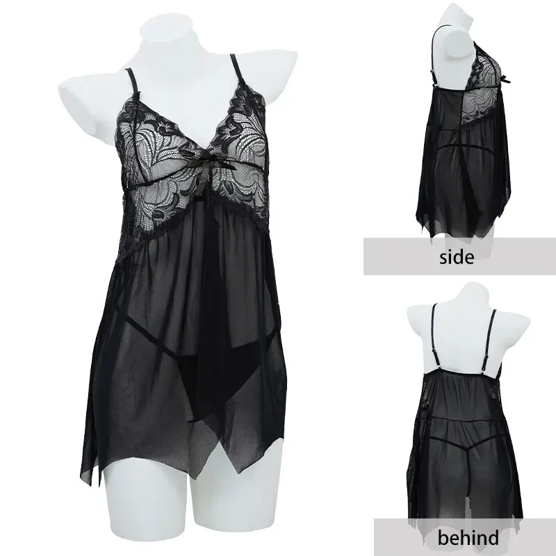 Women\'s Deep V New Fashion Selling Sexy Lace Perspective Dress Women Lace Sexy Baby Doll Nightwear Dress