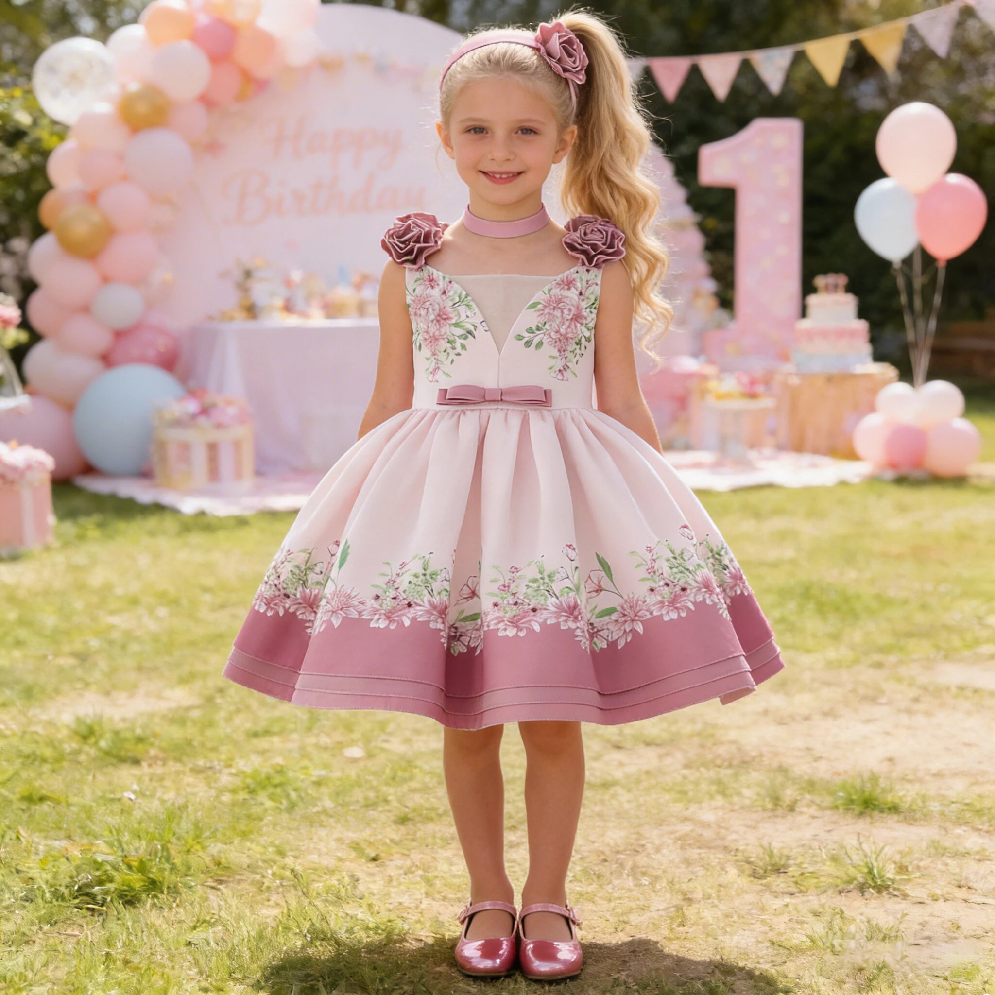 

Fashion Flower Print Bridesmaids Party Girls Dress Elegant Tulle Birthday Princess Dresses Girl Wedding Baptism Evening Vestidos