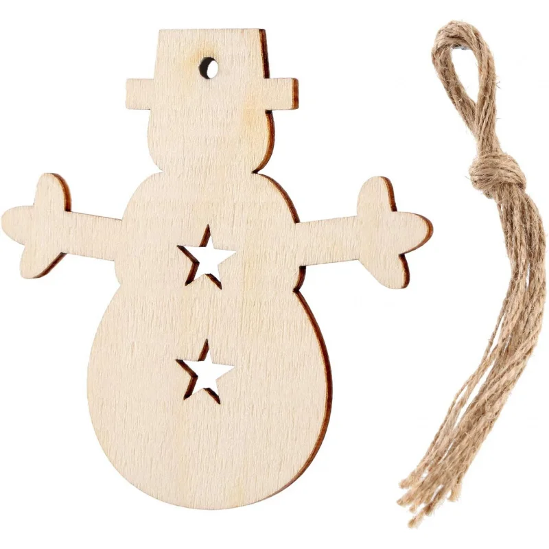 

10pcs Wooden Snowman Cutouts Wood Snowman Ornaments with Holes and 30 Pieces Natural Twine for Christmas Tree Decoration Crafts