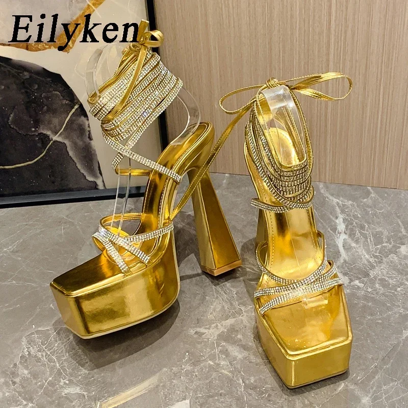 Eilyken CRYSTAL Thick Platform Wedding Party Women Sandals Sexy Catwalk Styles Square Toe Ankle Lace-up High Heels Female Shoes