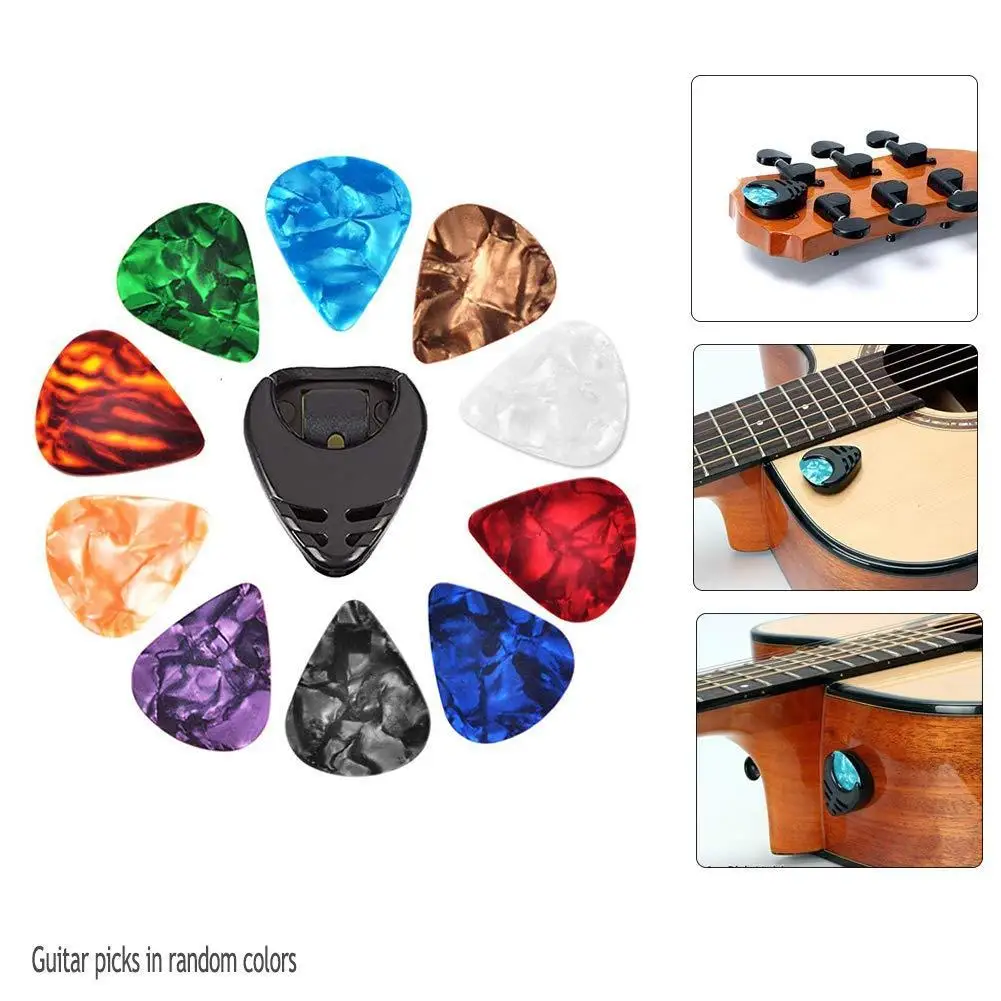 

10 Pcs Guitar Picks & Guitar Pick Holder Set for Acoustic Guitar Electric Guitar Bass Ukulele Stick-on Holder Random Color