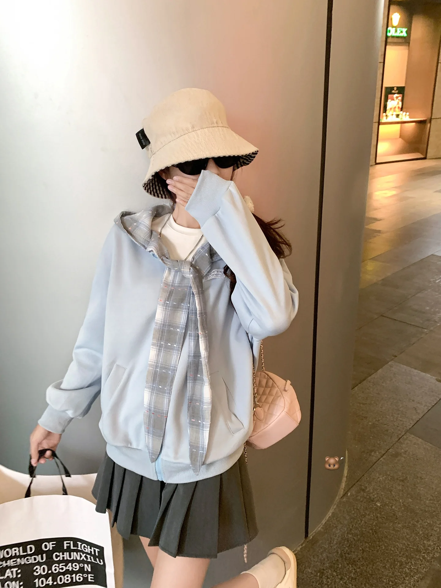 

Loose Long Sve Hoodie Jaet Women's Early Autumn Blue Plaid Outerwear Cardigan Sle Breathable Comfortable Korean Sle