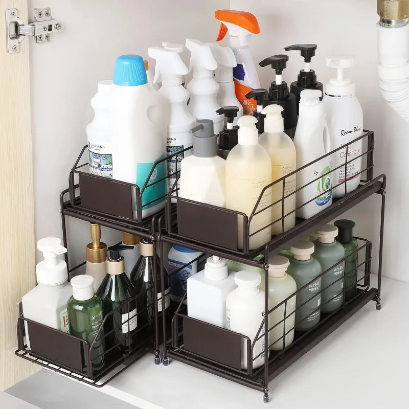 

Under Sink Rack Organizer with Sliding Drawers Basket Storage, 2 Tier Bathroom Under Cabinet Basket Organizers