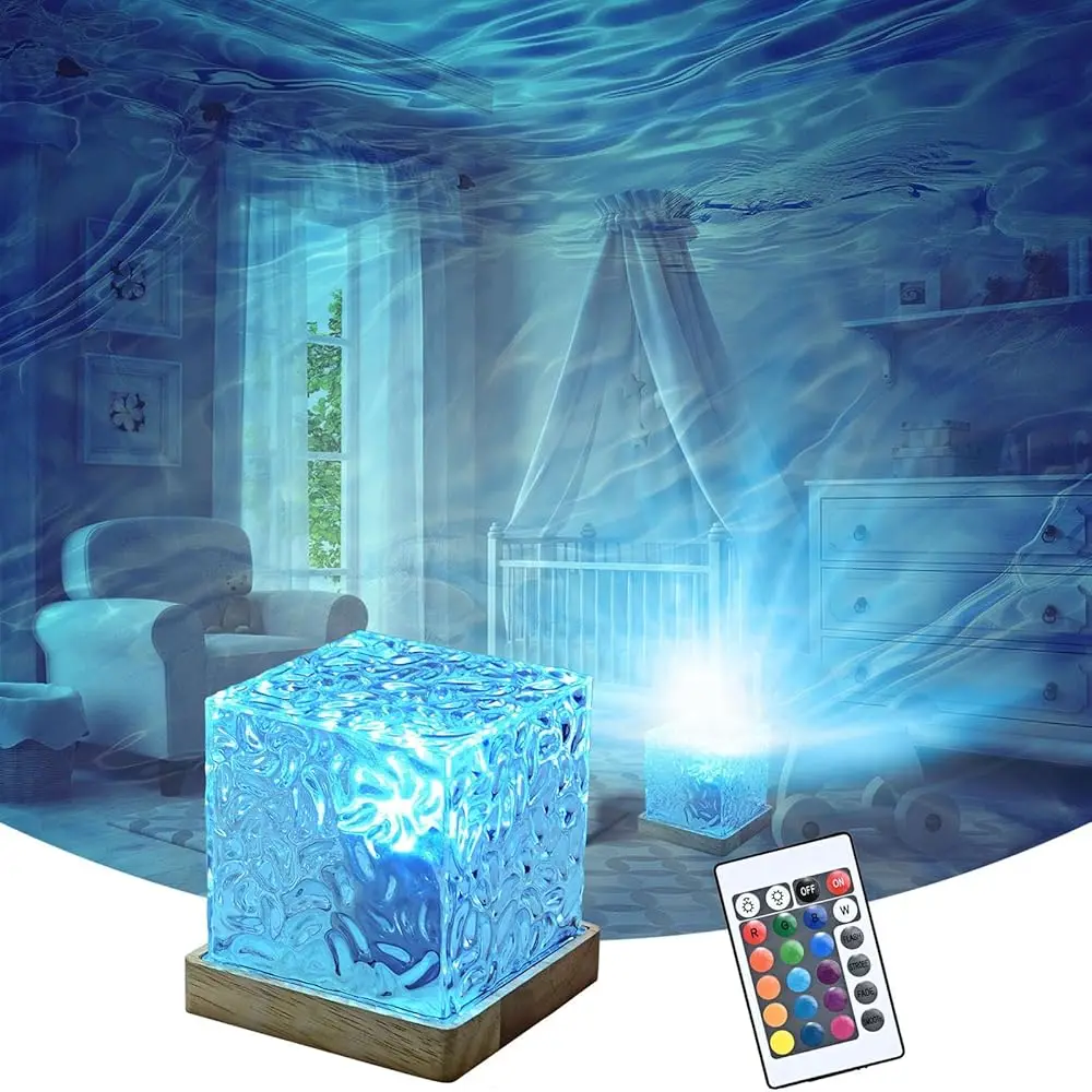 Rotating Water Ripple Table Lamp USB Aurora Night Light Remote Control 16 Colors Change Ocean Wave Cube Desk Light Bedroom Decor