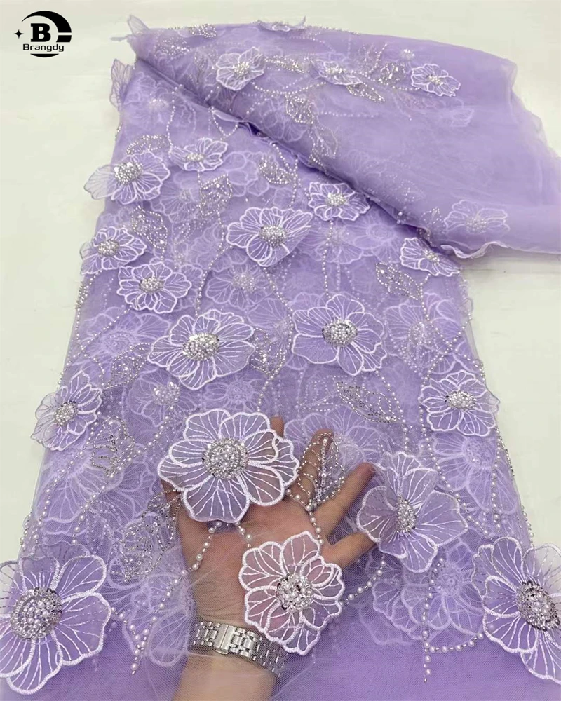 3D Flower Lace Fabric Embroidery Net Big Flower African Nigerian Sequin Tulle 3D Applique Net for Wedding Evening Dress Sewing