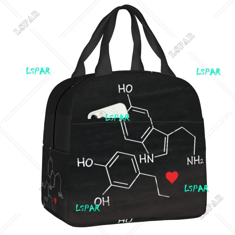 Love Serotonin Dopamine Chemistry Thermal Insulated Lunch Bag Nerd Science Portable Lunch Tote for Work Food Box