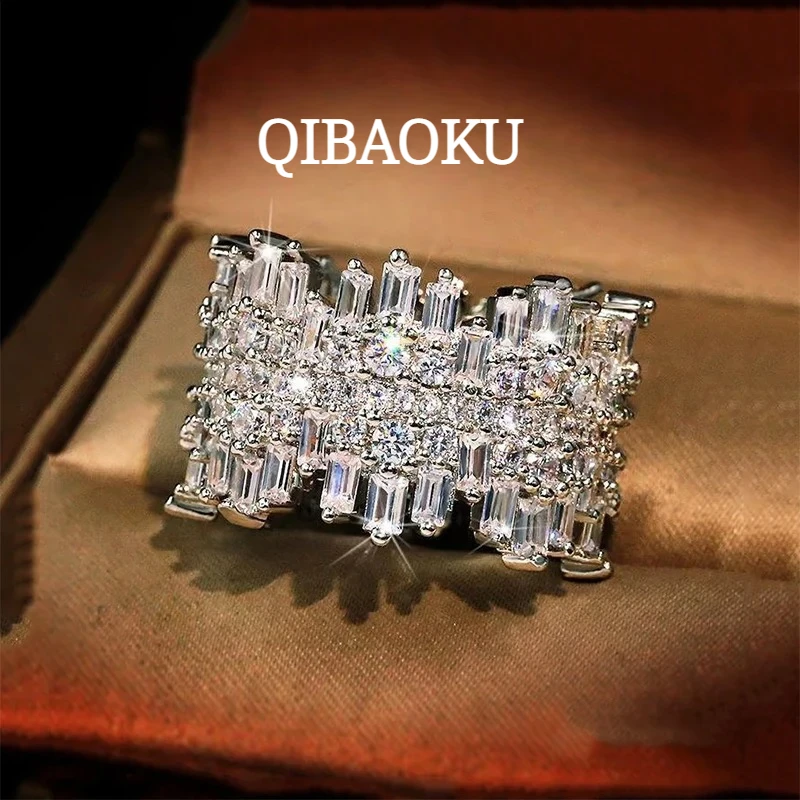 QIBAOKU Luxury 925 Sterling Silver Ring For Women Men Sparkling Irregular High Carbon Diamond Hiphop Zircon Band Jewelry Gift