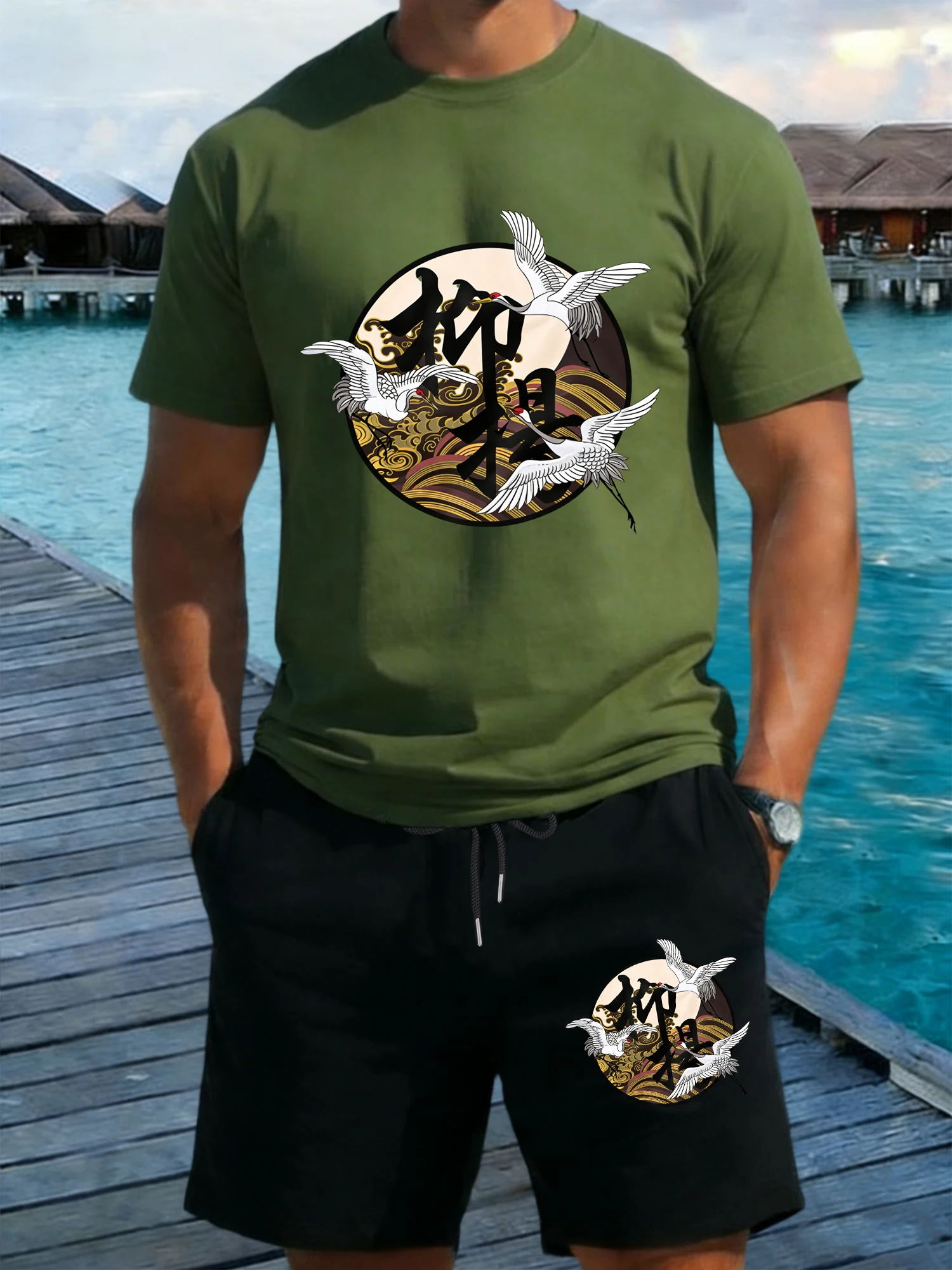 

Japanese Harajuku Crane Print Men T Shirt Set Drawstring Pocket Black Pant Cotton Crewneck T-Shirt Summer Loose Short Pants