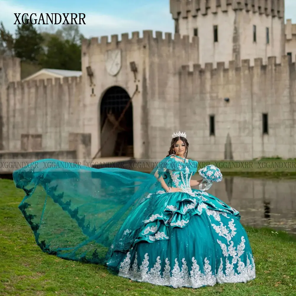 Personalizado bonito verde quinceanera vestidos 2024 ouro lantejoulas apliques camadas mexicanas vestido de baile doce 16 vestido vestidos de 15