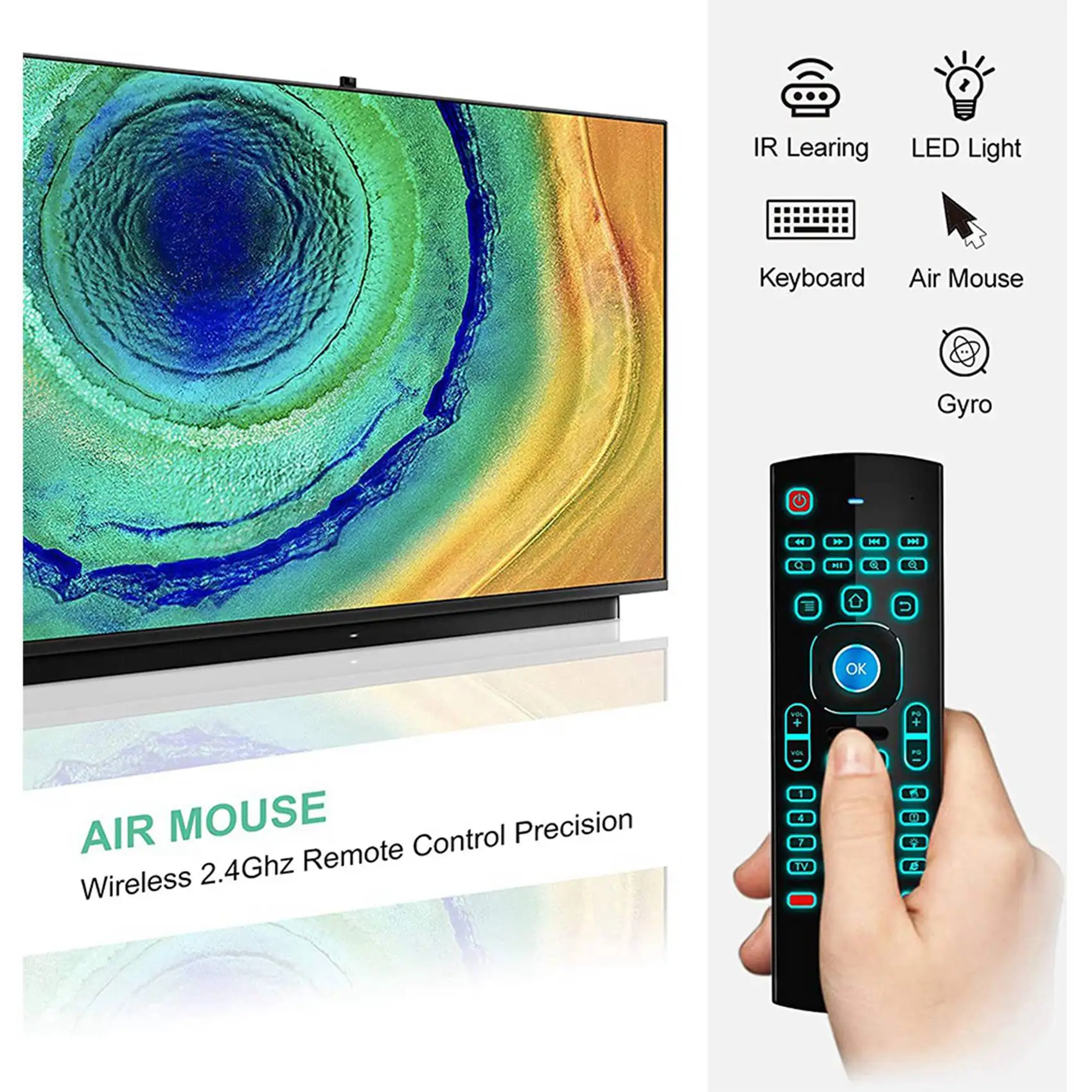 FULL-2X Air Mouse do Android TV Box, Mini Bezprzewodowa Klawiatura Pilot Powietrzny z Podświetleniem RGB MX3 Pro IR Learning