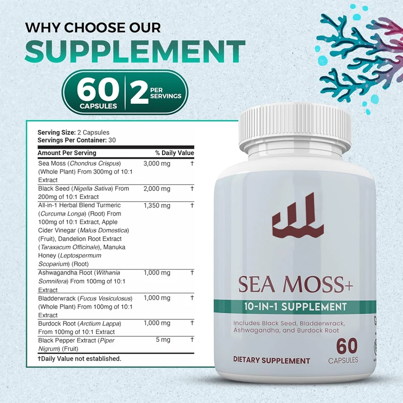 Sea Moss 3000mg Black Seed Oil South African Drunken Eggplant Bladder Burdock -10 in 16 60 Vegetarian Capsules