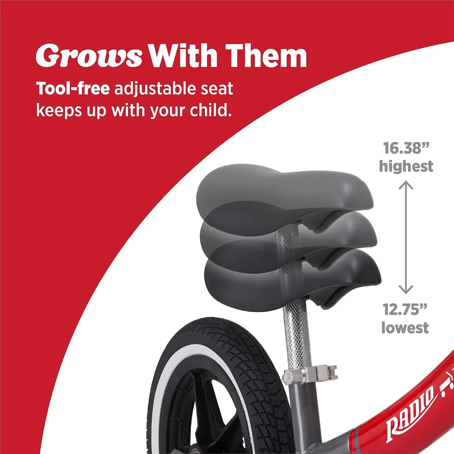 Air Ride Balance Bike, Red, Ages 1.5-5, Pedal Free, Rubber Air Tires, Adjustable Seat, Foot Rest, Bell view 4