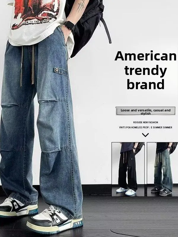 

Американские ретро-джинсы с плиссировкой для мужчин, весенне-летние, тонкие, модные, в стиле High Street, свободные, прямые, повседневные, рабочие, длинные брюки