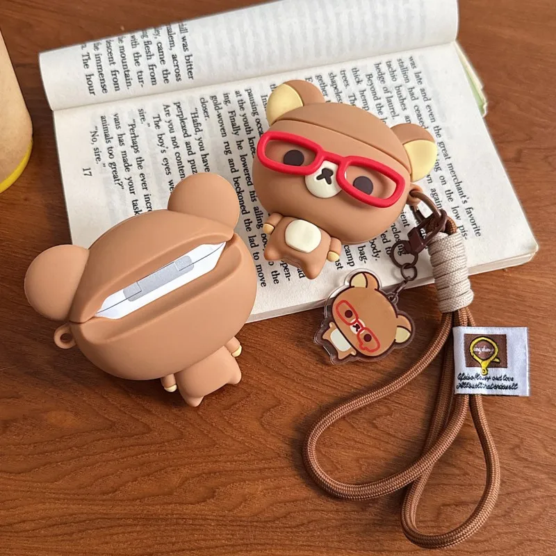 3D Rilakkuma Glasses Bear Silicone AirPods Case with Lanyard & Pendant for AirPods 3 4 Pro Pro 2 Pro3 Shockproof protective case view 4