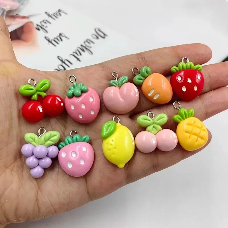 10Pcs Cherry Lemon Grape Strawberry Mixed Fruit Resin Charms Simulation Pendants For Handmade Earring Phone Case Jewelry Making