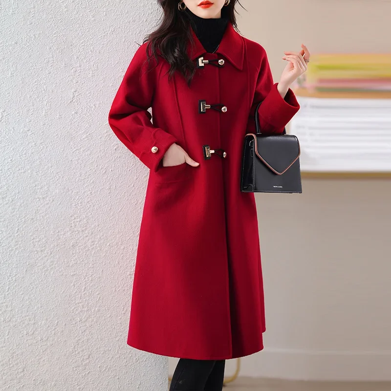 Chaqueta elegante de lana de oveja roja para boda, abrigo de longitud media para mujer, novedad de Otoño/Invierno 2023, origen de China