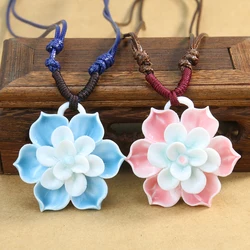 3D Stereoscopic Three Floors Buddhist Lotus Love Heart Flowers Ceramic Necklace Pendant Couple Sweater Chain Charms Jewelry Gift