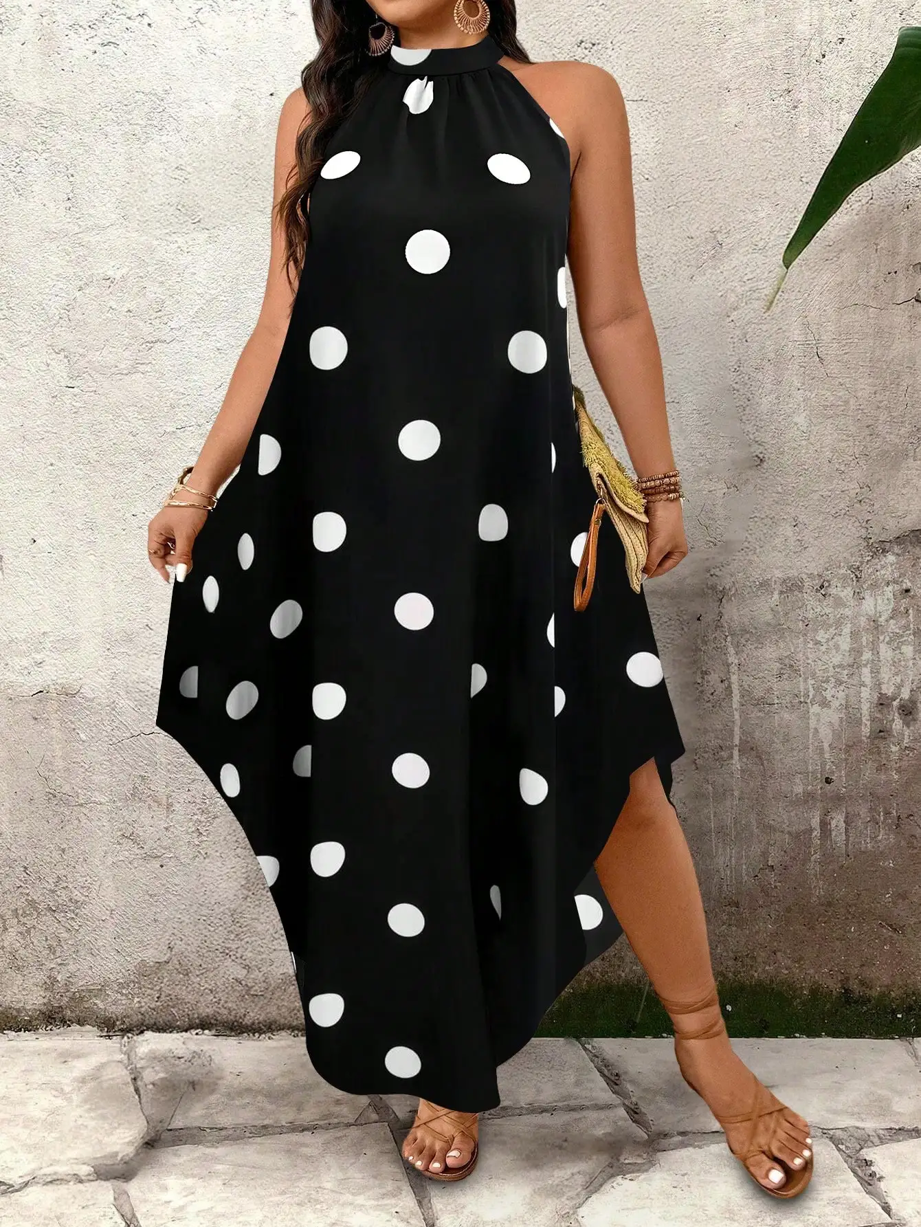 

Plus Size Women Summer Polka Dot Sleeveless Halter Elegant Casual Dress