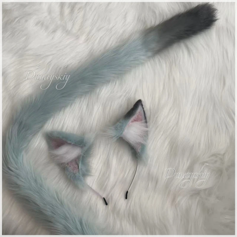 Yani Neko Yani Satō Gray Cat Ears & Tail Cosplay Wig Prop Furry Cat Ear Headband Dark Grey Tip Gradient Gray Cat Tail Halloween view 4