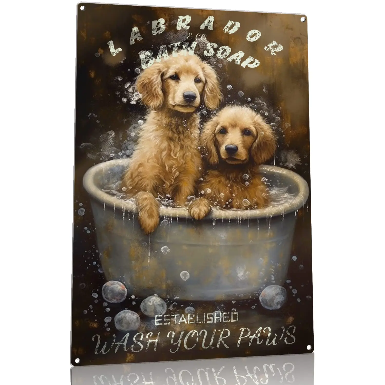 Elevate Your Bathroom Decor with Bathtub Dog Retro Metal Tin Sign - Labrador Retriever Bathing Soap Foam Poster Ideal for Your H