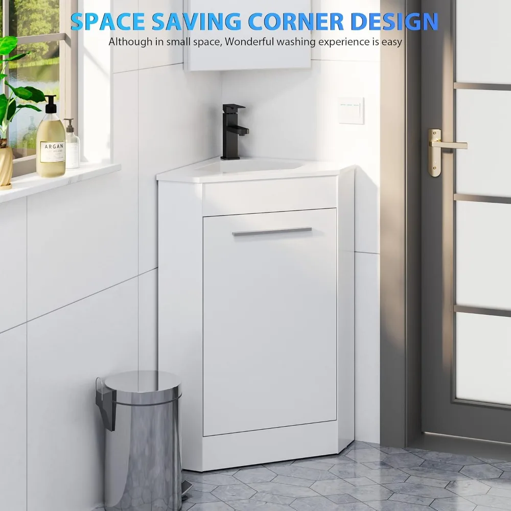 26" Corner Bathroom Vanity Sink Combo for Small Space Freestanding Storage Cabinet with White Resin Sink and Matte