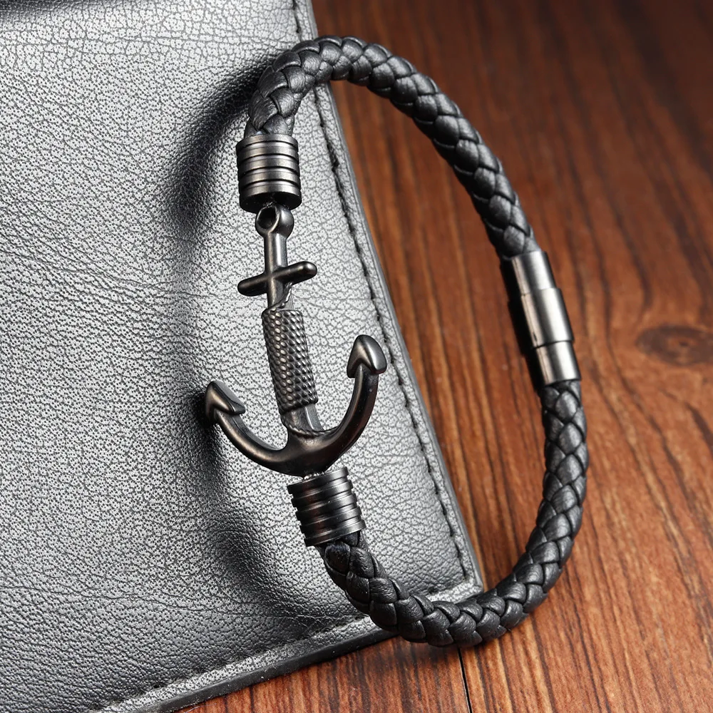 

Cowhide Men's Double Layer Stainless Steel Genuine Leather Braided Bracelet Handmade Leather Anchor Bracelet Jewelry