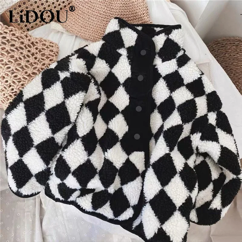 Spring Autumn New Korean Plaid Kawaii Fashion Kids Jacket Plus Fleece Warm Cute Children\'s Clothing Woolen Lamb Wool Casual Coat