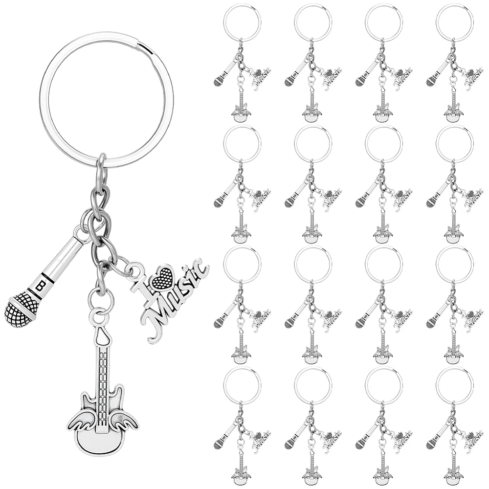 

20Pcs Music Alloy Microphone Word Guitar Keychains with Iron Split Key Rings Silver 87mm